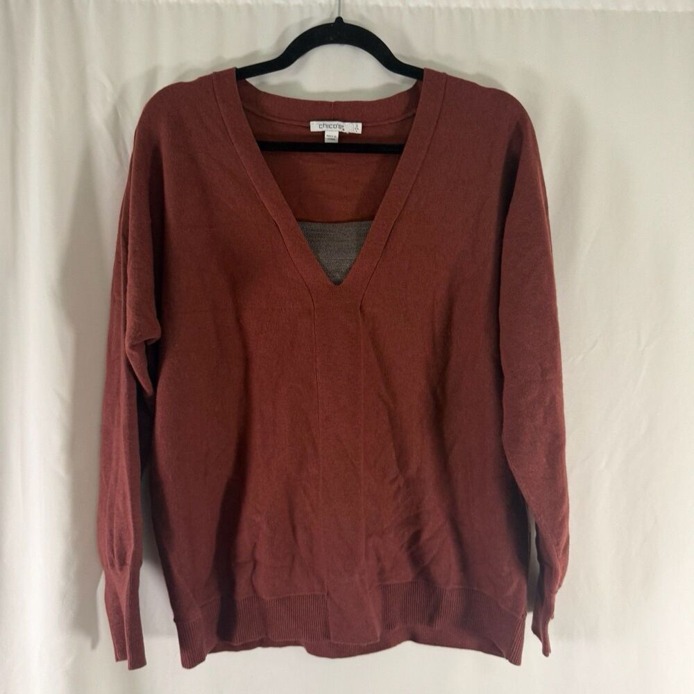 Chico's Sweater Women's 2 Large Red Vneck Long Sleeve Soft Knit Cashmere Blend